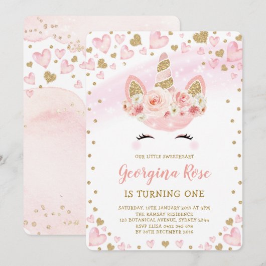 女の子の魔法のユニコーン誕生日ピンクゴールドハート 招待状 (正面/裏面)