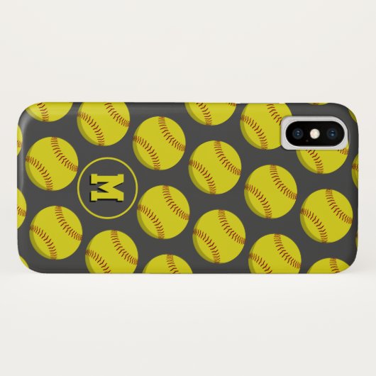 女の子の黄色のソフトボールのパターンモノグラムのスポーティ Case-Mate iPhoneケース (裏面(横))