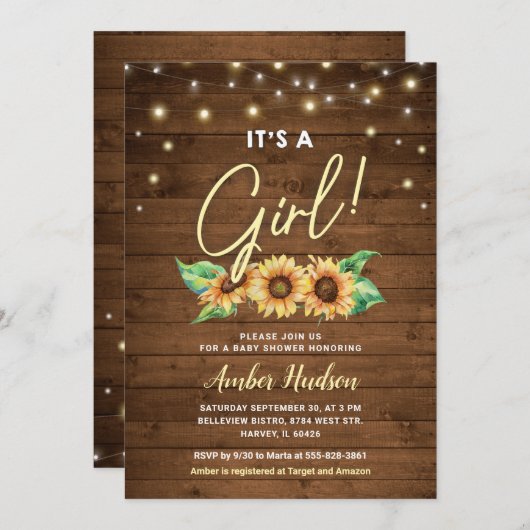 女の子の黄色ひまわり赤ちゃんシャワー散水 招待状 (正面/裏面)