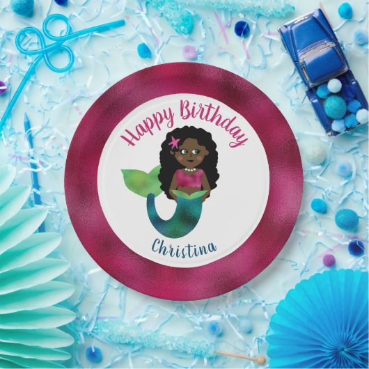 女の子の黒い人魚フェイクなホイルのアフリカ系アメリカ人の子供 ペーパープレート (パーティー)