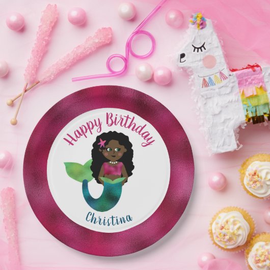 女の子の黒い人魚フェイクなホイルのアフリカ系アメリカ人の子供 ペーパープレート (パーティー)