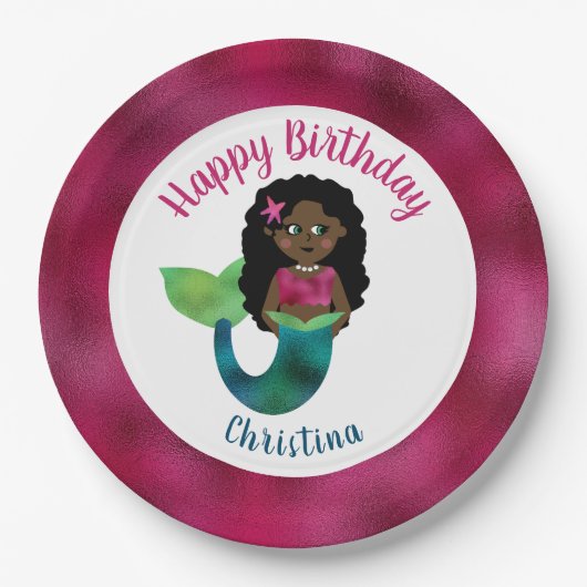 女の子の黒い人魚フェイクなホイルのアフリカ系アメリカ人の子供 ペーパープレート (正面)