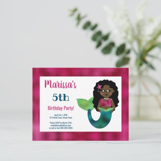 女の子の黒い人魚フェイクなホイルのアフリカ系アメリカ人 インビテーションポストカード (スタンド正面)