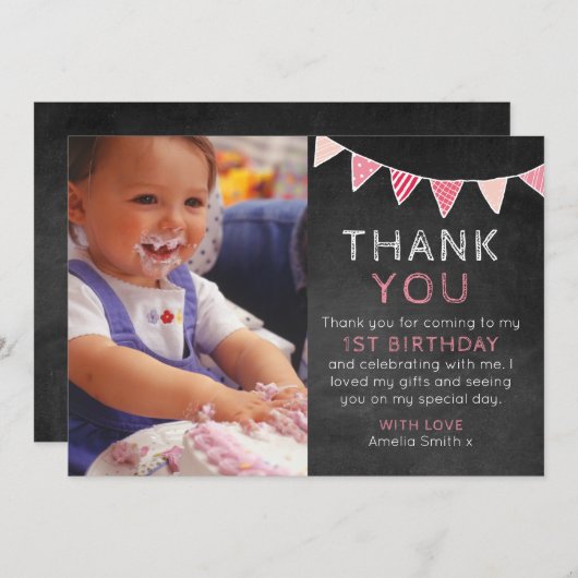 女の子の黒板の旗布の誕生日のサンキューカード サンキューカード (正面/裏面)