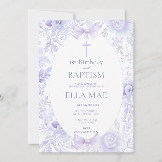 女の子の1歳の誕生日と洗礼 ライラックの花柄 招待状 (正面)
