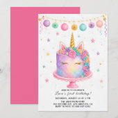 女の子の1歳の誕生日パーティー招待状 レインボーケーキデザイン 招待状 (正面/裏面)