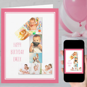 女の子の1歳の誕生日フォトコラージュテンプレート1 カード