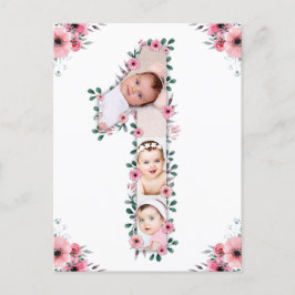 女の子の1歳の誕生日写真コラージュ ピンクの花 ポストカード