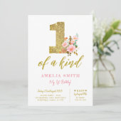 女の子の1歳の誕生日招待状、グリッター付きのワンダフルなもの 招待状 (スタンド正面)