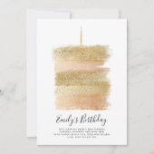 女の子の1歳の誕生日招待状 ゴールドケーキ 輝く 1歳 招待状 (正面)