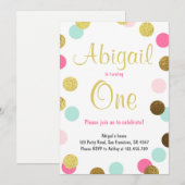 女の子の1歳の誕生日招待状 ピンク ゴールド ミント 招待状 (正面/裏面)