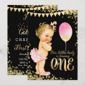 女の子の1歳の誕生日　ゴールド　ホイル　グリッター 招待状 (正面/裏面)