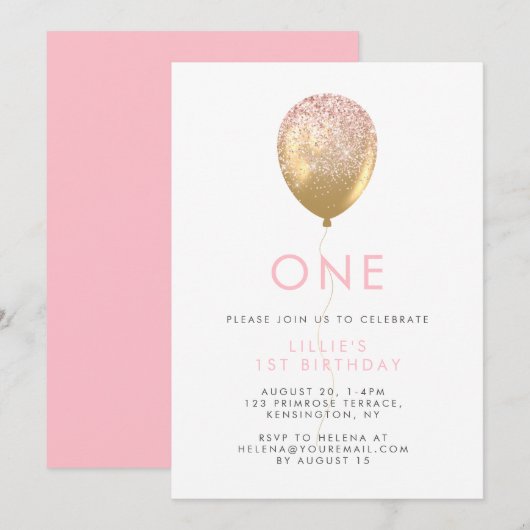女の子の1歳の誕生日 ピンク＆ゴールドパーティー 招待状 (正面/裏面)
