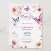 女の子の1歳誕生日におすすめのピンクの花と蝶 招待状 (正面)