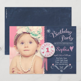 女の子の1歳誕生日パーティー招待状 黒板チョークボード 招待状