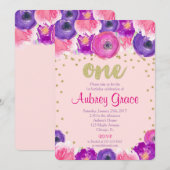 女の子の1歳誕生日招待状 ピンク パープル ゴールド 招待状 (正面/裏面)