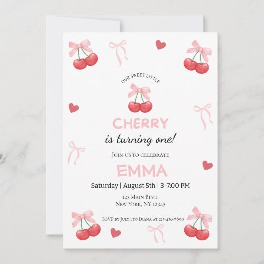 女の子の1歳誕生日 チェリー＆ピンクの蝶リボン 可愛い シーズンカード (正面)