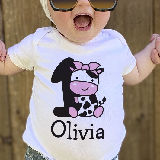 女の子の1歳誕生日 牛さんナンバーワンTシャツ ベビーTシャツ