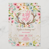 女の子の1歳誕生日 鹿の角 ラスティック ワイルドワン 招待状 (正面/裏面)