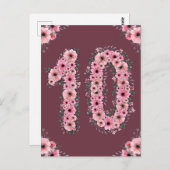 女の子の10歳の誕生日 ピンクの花 緑の葉 ポストカード (正面/裏面)