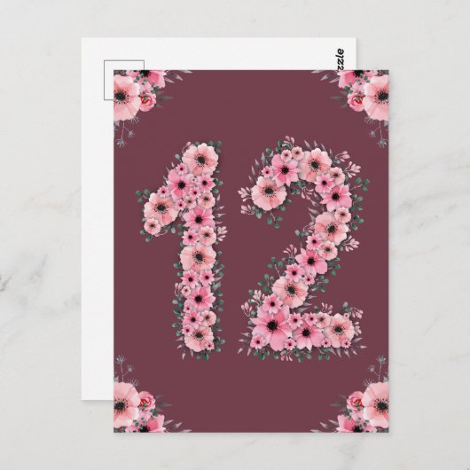 女の子の12歳の誕生日 ピンクの花 緑の葉 ポストカード (正面/裏面)