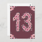 女の子の13歳の誕生日 ピンクの花 緑の葉 ポストカード (正面/裏面)