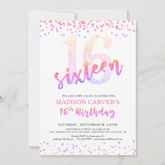 女の子の16歳の誕生日 ピンク パープル グリッター コンフェッティ 招待状 (正面)