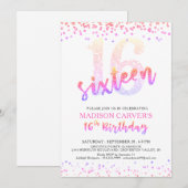 女の子の16歳の誕生日 ピンク パープル グリッター コンフェッティ 招待状 (正面/裏面)