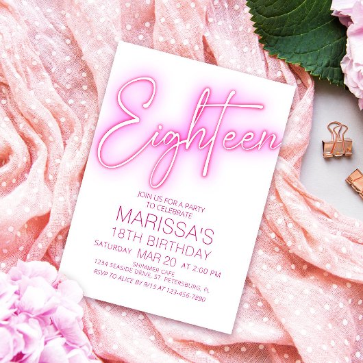 女の子の18歳のネオンピンクの誕生日 招待状