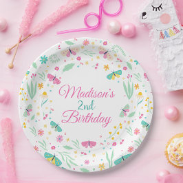 女の子の2歳の誕生日おめでとう ホワイトガーデンバタフライ ペーパープレート
