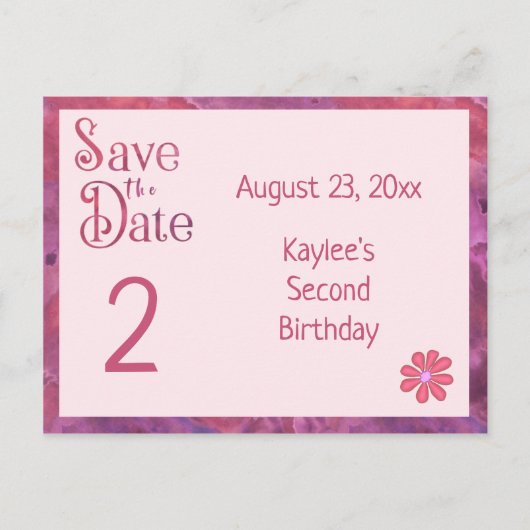 女の子の2歳の誕生日を記念して Save the Date 案内ポストカード (正面)