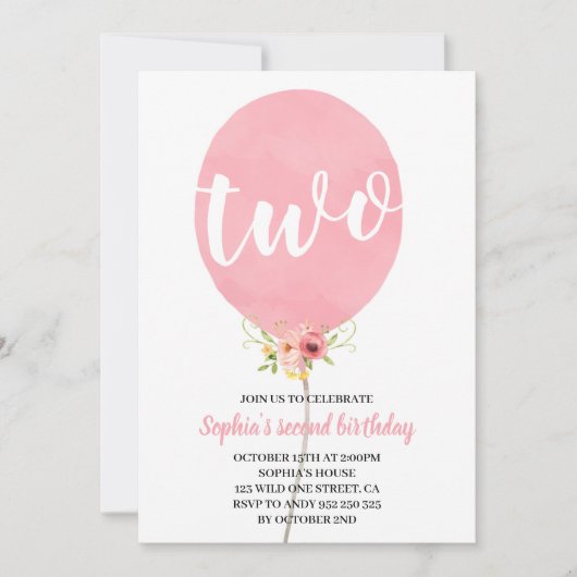 女の子の2歳の誕生日ピンク風船 招待状 (正面)