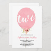 女の子の2歳の誕生日ピンク風船 招待状 (正面/裏面)