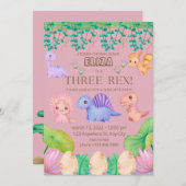 女の子の3歳の恐竜の誕生日パーティー招待状 招待状 (正面/裏面)