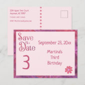 女の子の3歳の誕生日パーティー Save the Date 案内ポストカード (正面/裏面)