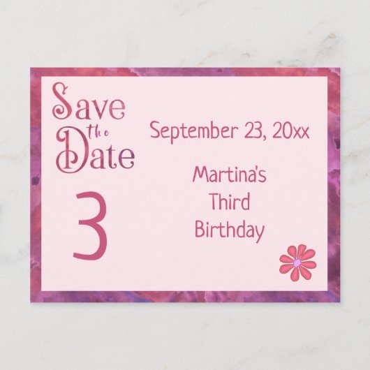 女の子の3歳の誕生日パーティー Save the Date 案内ポストカード (正面)
