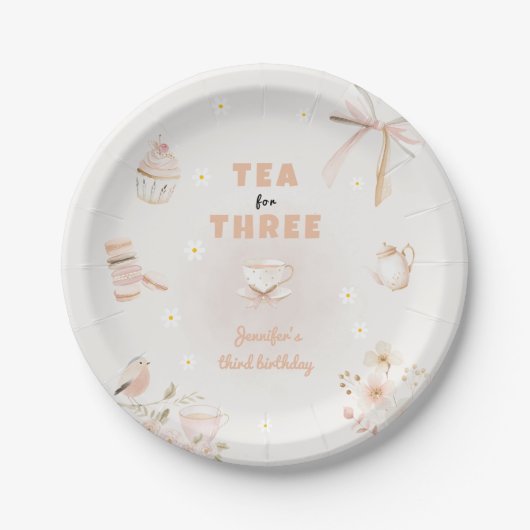 女の子の3歳の誕生日会にぴったりな「Tea for Three Birthday」パーティー ペーパープレート (正面)