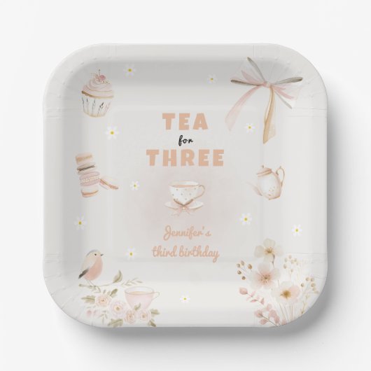 女の子の3歳の誕生日会にぴったりな「Tea for Three Birthday」パーティー ペーパープレート (正面)