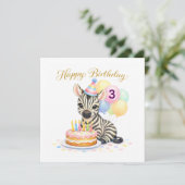 女の子の3歳の誕生日 - かわいいシマウマのグリーティングカード (スタンド正面)