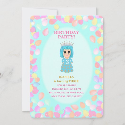 女の子の3歳誕生日風船 招待状 (正面)