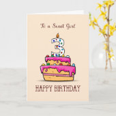 女の子の3rd誕生日、甘いピンクケーキの3つ カード (黄色い花)