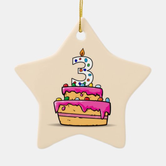 女の子の3rd誕生日、甘いピンクケーキの3つ セラミックオーナメント (正面)