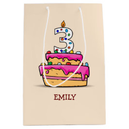 女の子の3rd誕生日、甘いピンクケーキの3つ ミディアムペーパーバッグ