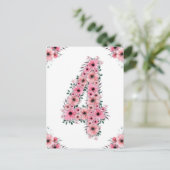 女の子の4歳の誕生日 ピンクの花 緑の葉 ポストカード (スタンド正面)