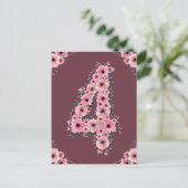 女の子の4歳の誕生日 ピンクの花 緑の葉 ポストカード (スタンド正面)