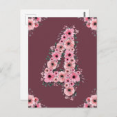 女の子の4歳の誕生日 ピンクの花 緑の葉 ポストカード (正面/裏面)