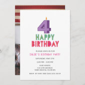 女の子の4th誕生日パーティー写真パーティー 招待状 (正面/裏面)