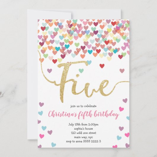 女の子の5歳誕生日 ハート 飾り レインボー グリッター 招待状 (正面)