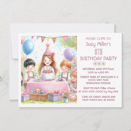 女の子の6歳の誕生日パーティーの招待状 招待状 (正面)