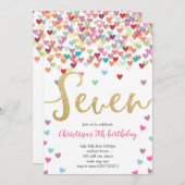 女の子の7歳の誕生日 ハート コンフェッティ レインボー グリッター 招待状 (正面/裏面)
